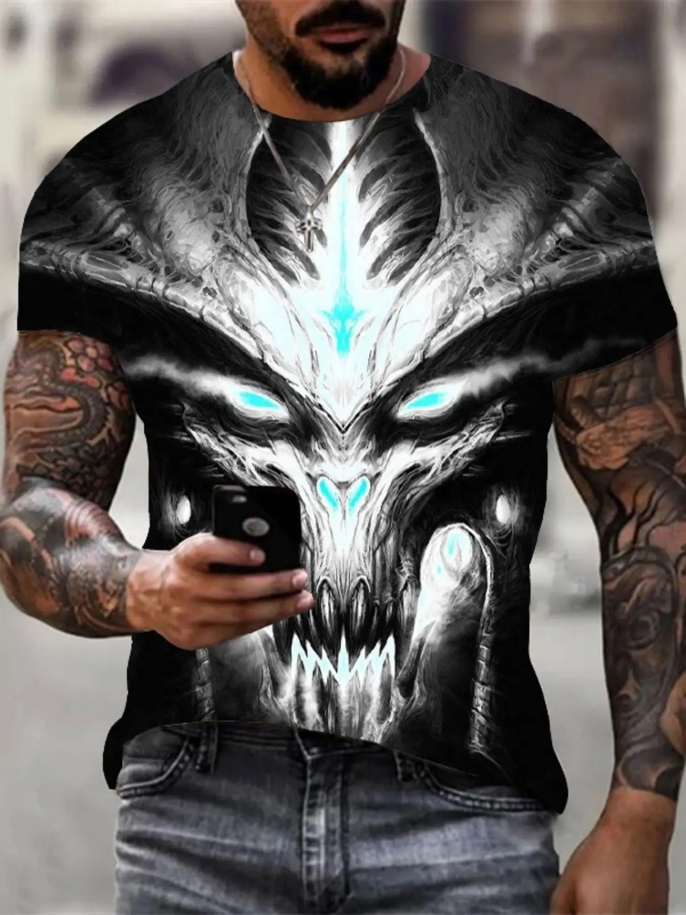 Men 3D Thunder Lightning Dragon Print T-Shirt Fantasy Purple Fire Dragon Graphic Short Sleeve Gothic Casual Streetwear Tops