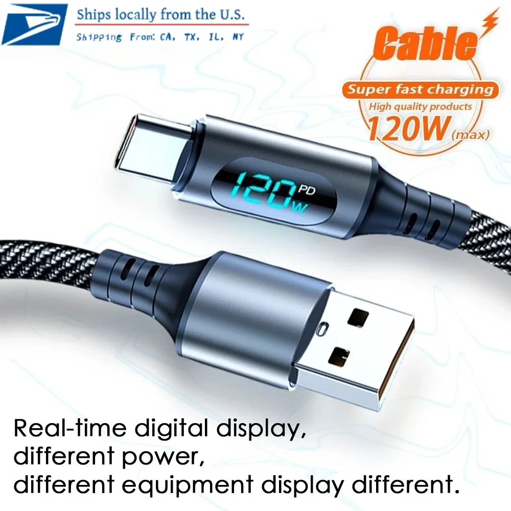 

NEW 120W USB A to Type C Super Fast Charge Cable Nylon Data Cord for Xiaomi POCO Samsung With Led Digital Display Cable