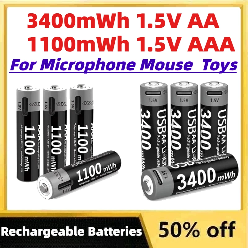 

3400mWh 1.5V AA + 1100mWh 1.5V AAA Rechargeable Batteries USB Lithium-ion Battery for Microphone Mouse and Toys Cyclic Charging