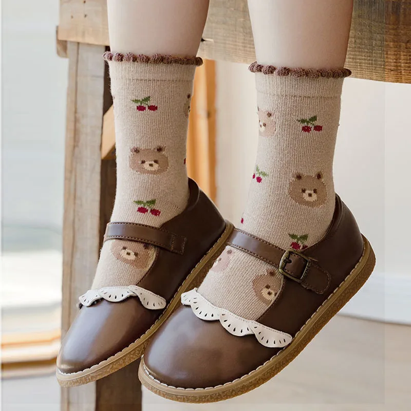 Autumn Girls Socks Cartoon Cute Bear Mid Calf Socks Coffee Floral Winter Socks Baby Cotton Socks 5 Packs