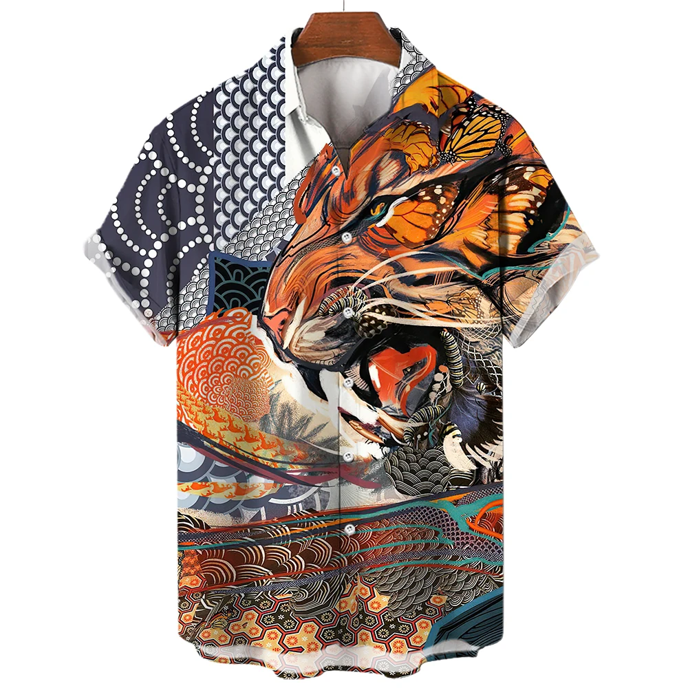 Social Shirt Everyday Men\'s Shirts 3D Animal Printed Short Sleeve Tops Tiger/Dragon Blouse Casual Tees Oversized Male Clothing