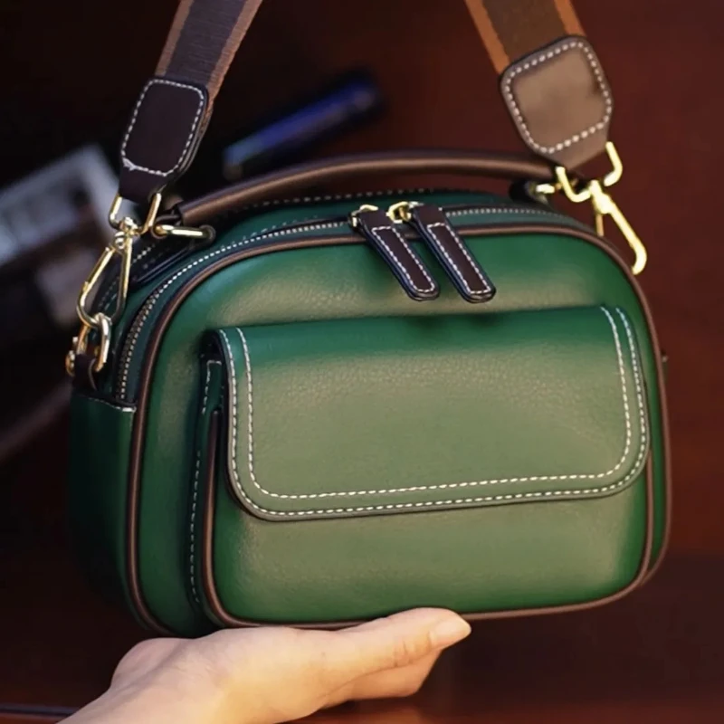 Leather Bag Women Small Square Bags 2025 New 4-season Handbag Double Zipper Big Capacity Single Shoulder Package Crossbody Bag