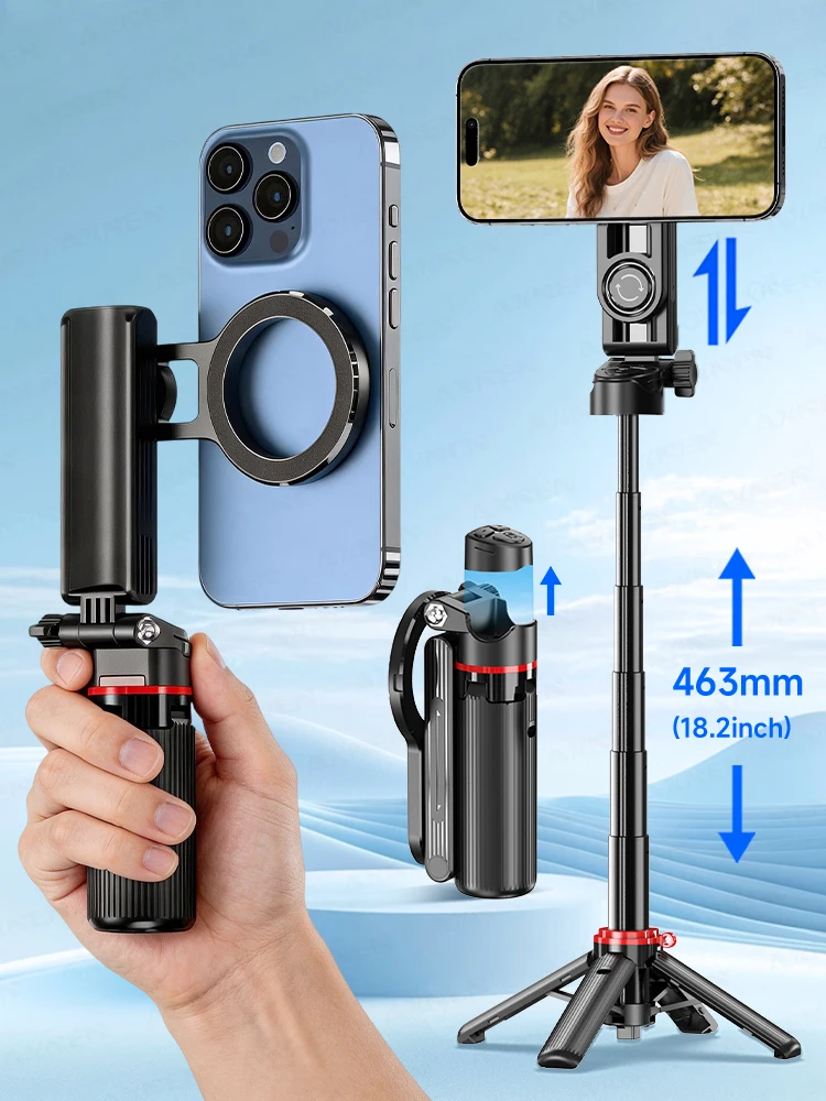 Magnetyczny mini statyw do selfie z wysuwaną rączką, bezprzewodowym pilotem i opcją oświetlenia, do smartfona, do nagrywania vlogów. — 2