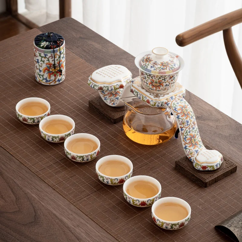 Enamel Color Automatic Complete Kung Fu Set Household Anti-scald Lazy Tea Brewer Living Room Vintage Ceramic