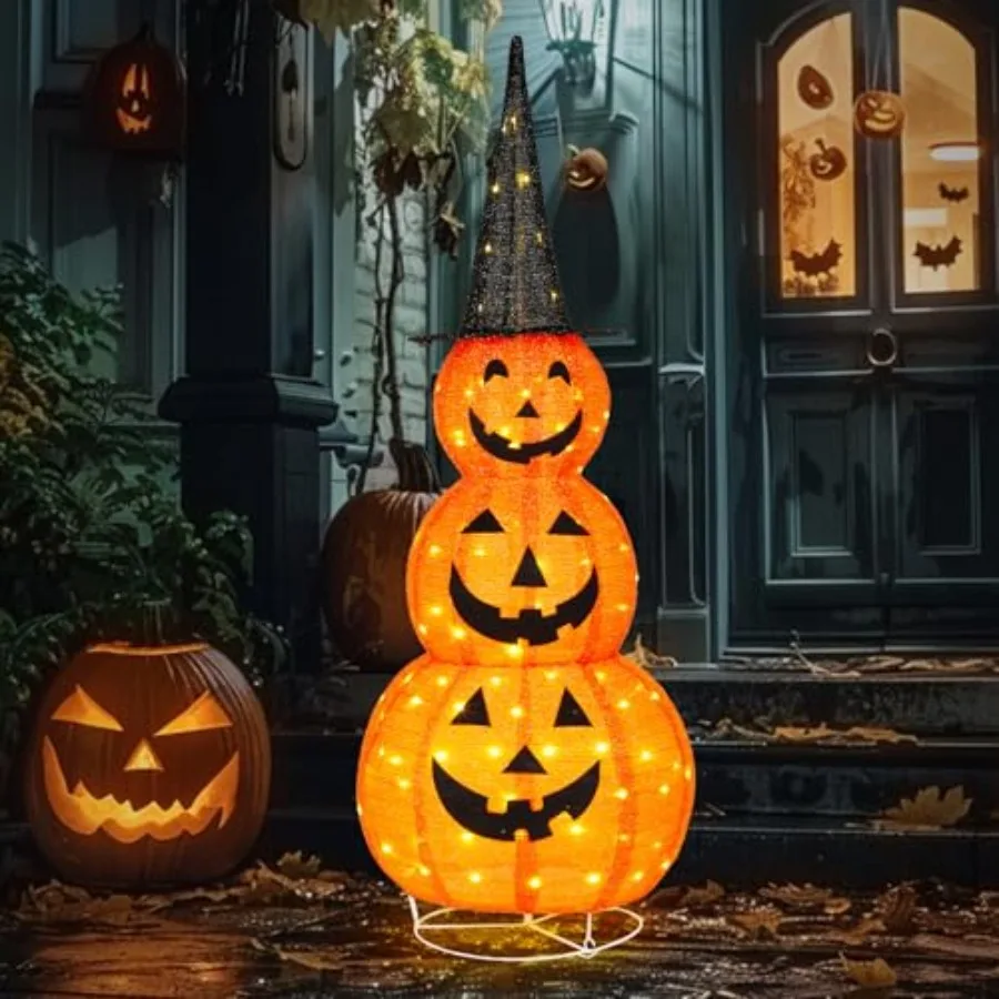Outdoor Halloween pumpkin decoration: collapsible pop-up design, orange plastic, pre-lit with 100 warm-white LEDs for porch, ya