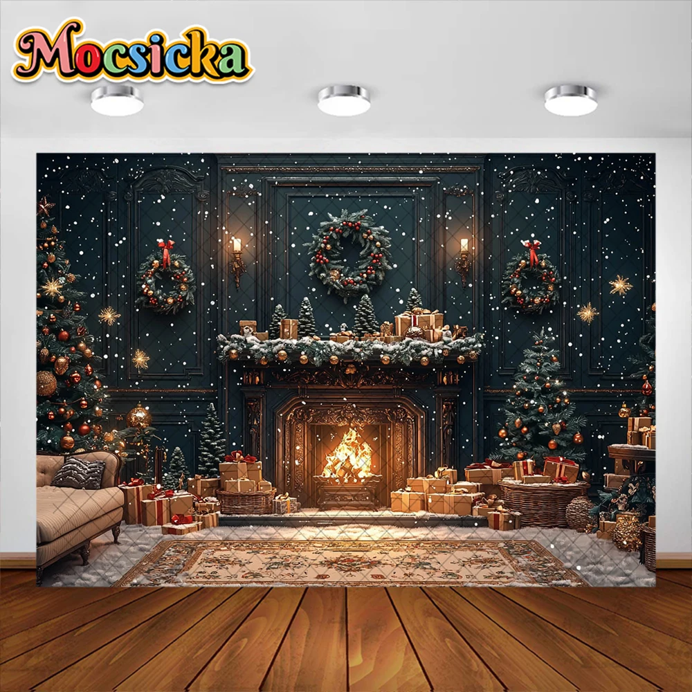 ฤดูหนาวคริสต์มาสการถ่ายภาพพื้นหลังXmas RoomเตาผิงGarlandของขวัญตกแต่งวันหยุดผู้ใหญ่เด็กPortrait Photo Studio Prop