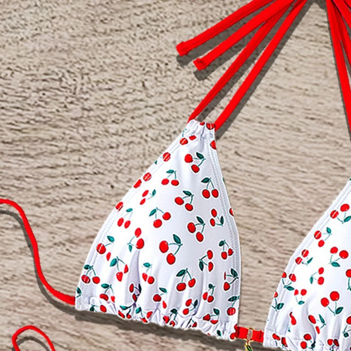 Hot Sale Cherry Printed Neck Strap Halter Sweet Bikini Swimsuit Swimwear Women's 2025 New