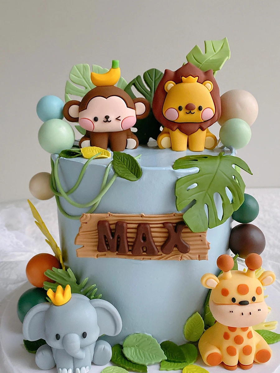 New Forest Animal Cake Topper Tropical Jungle Safari Lion Elephant Giraffe Monkey Cake Decoration First Birthday Party Cute Gift