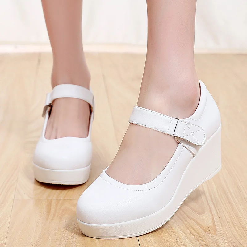 Genuine Leather Shoes Platform Wedges Mary Janes Women Spring 2024 High Heels Pumps for Office Model