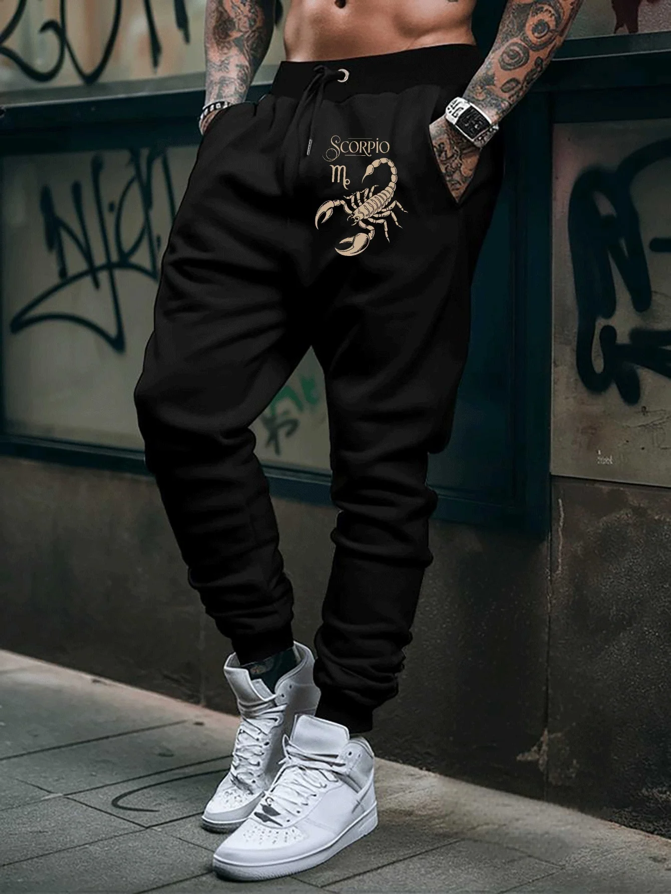 Horoscope street‑trend antique‑scorpion‑zodiac‑decor dual‑leg art graphic sweatpants men hip hop sports daily jogger trousers