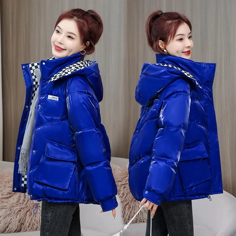 Short Parka Down Cotton-Padded Jacket Women\'s 2023 New Winter Jackets Red Fashion Glossy Cotton-Padded Jacket Student Coat White