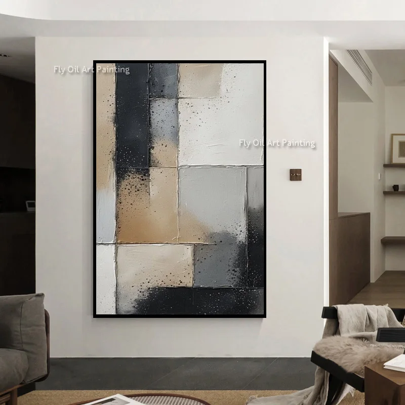 Monochrome Coffee Grid Canvas Hand Painted Thick Layer Oil Painting, Contemporary Dark Entry Hall Abstract Wall Ornament