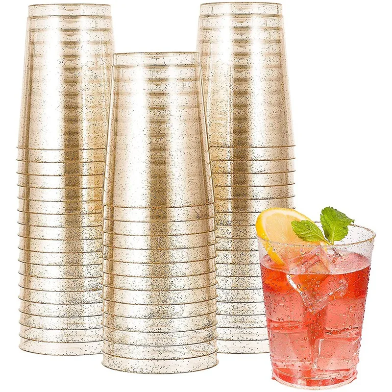 

Clear Plastic Cups, Gold Glitter Plastic Tumblers Reusable Drink Cups Party Wine Glasses For Champagne Cocktail Dessert