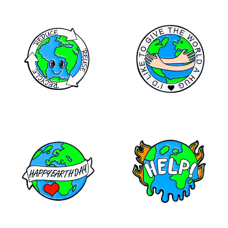 4Pcs/Set Protect The Earth Collection Pins I'D Like To Give The World A Hug Reduce Reuse Recycle Brooches For Environmentalists