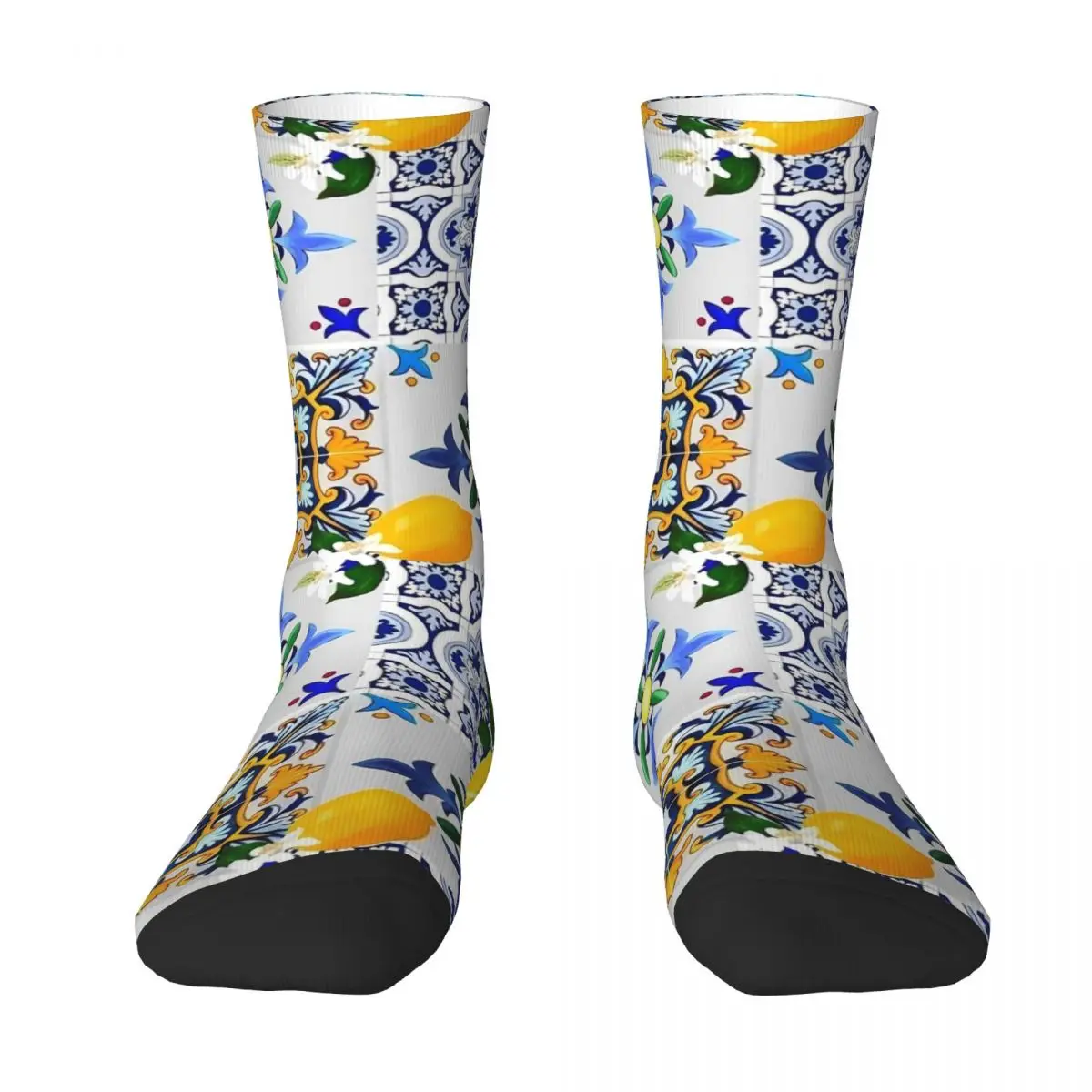 Unisex Socks Majolica Lemon tiles citrus flower Stockings Spring Casual Breathable Socks Design Running Sports Anti Sweat Socks