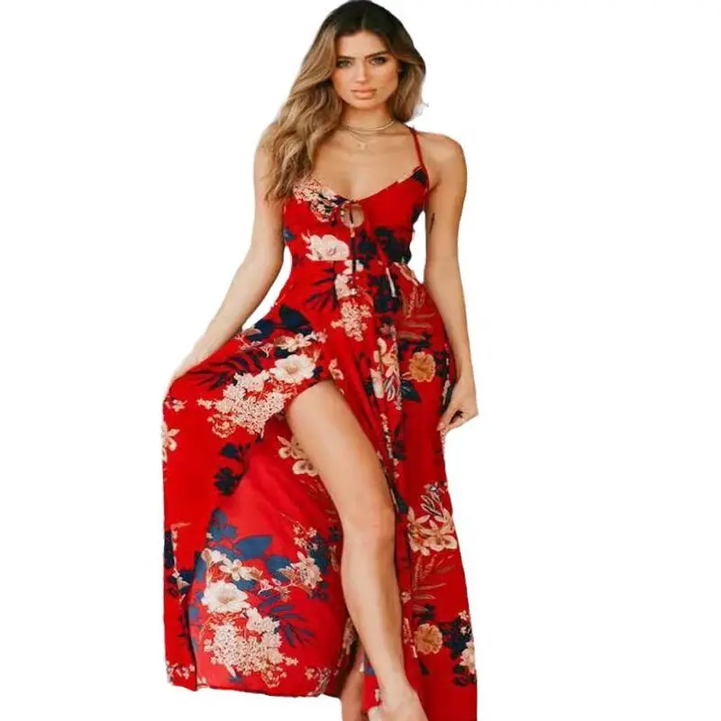 Sukienka maxi z kwiatowym wzorem, odkryte ramiona, asymetryczny dół, wysoki stan, podstawowy krój, bez rękawów, elegancka, do pracy, modna.