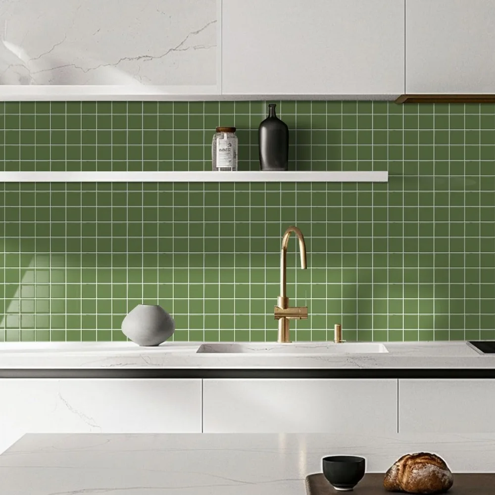 10 Sheets 10"x10" Green 3D Vinyl Backsplash Tiles, Self-Adhesive Peel and Stick Wall Tile Stickers Stick on Subway Tiles for Ki