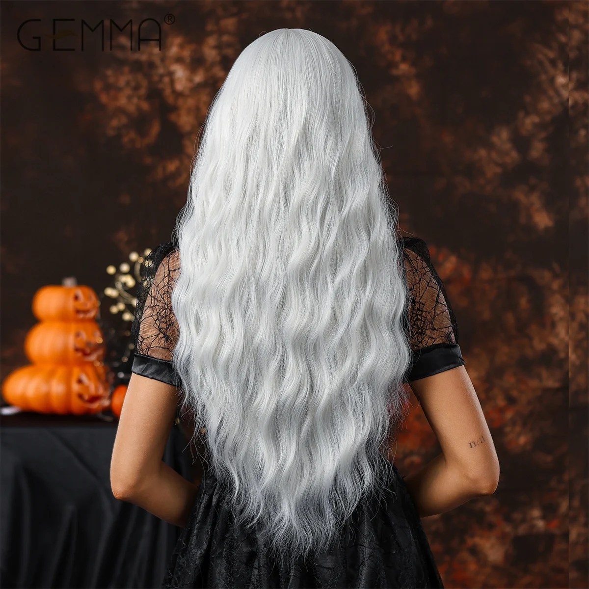 Platinum Blonde Long Curly Synthetic Wig with Bangs Cosplay Party Deep Wavy Natural Hair Wigs for Women Heat Resistant Fibre