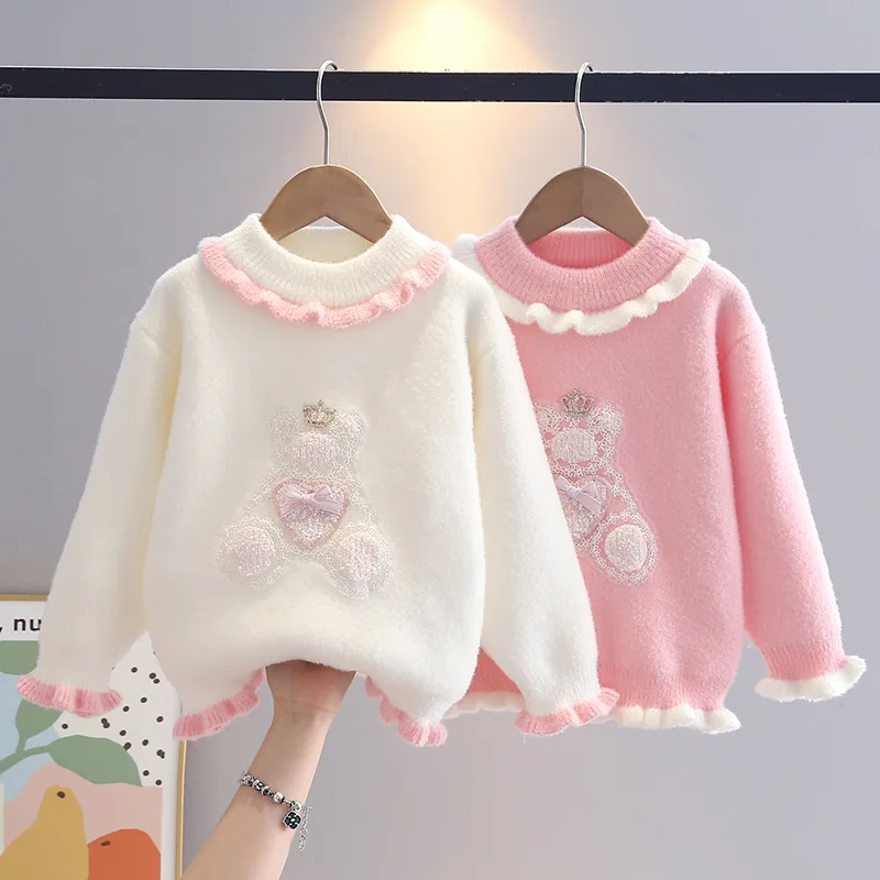 

Winter Keep Warm Girls Sweaters Flocking Bear Pattern Round Neck Design Full Sleeve Knitted Shirt Children Party Present IY08011