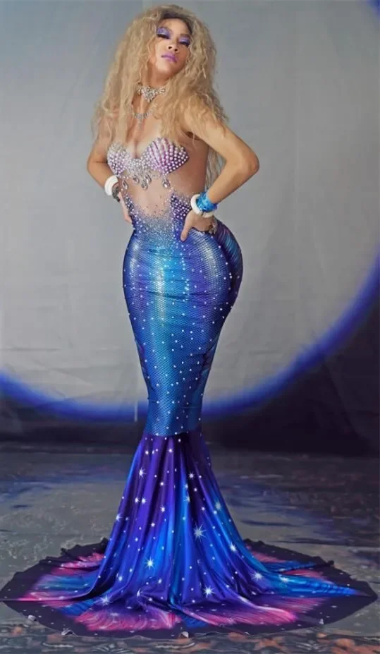 

Sexy Nightclub Bar Party Role Performance Costume Sparkly Pearls Outfit Rhinestones Fishtail Long Dress Blue Trailing Dress