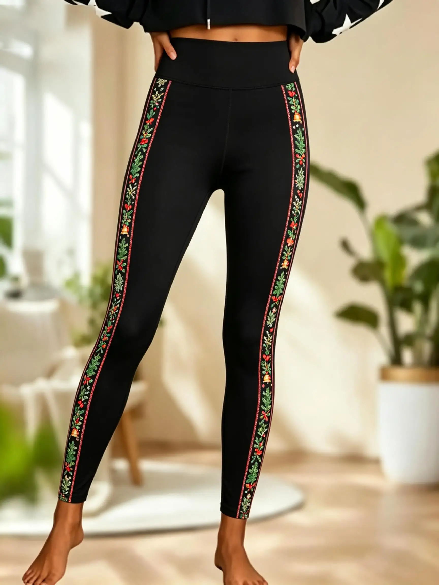 Women Fleece‑Lined Mid‑Rise Leggings Christmas Holly Bell Floral Side Stripe Print Slim Warm Workout Pants