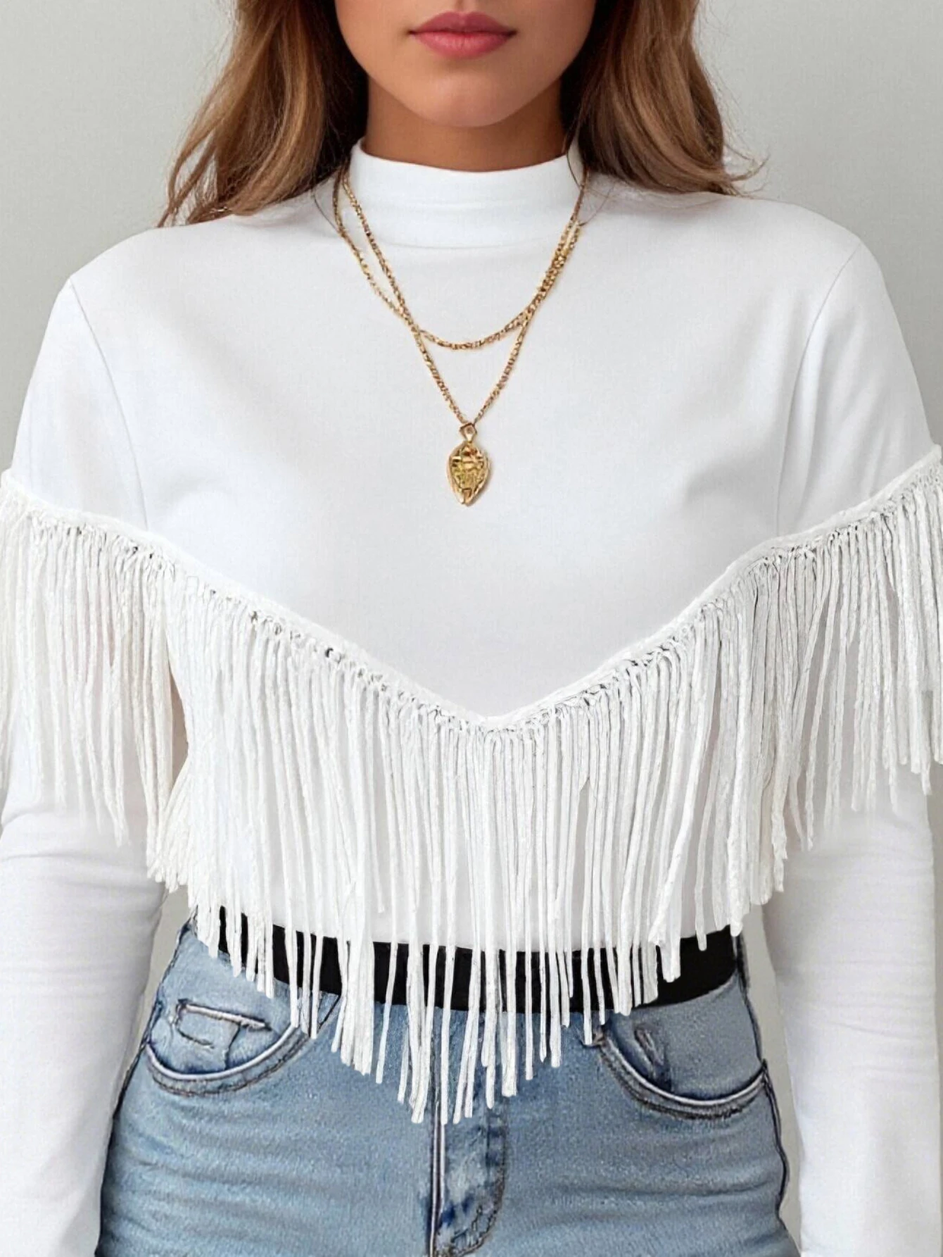 تي شيرت نسائي بأكمام طويلة موضة الخريف أساسي بلون سادة ورقبة وهمية كاجوال تي شيرت بتفاصيل شرابة