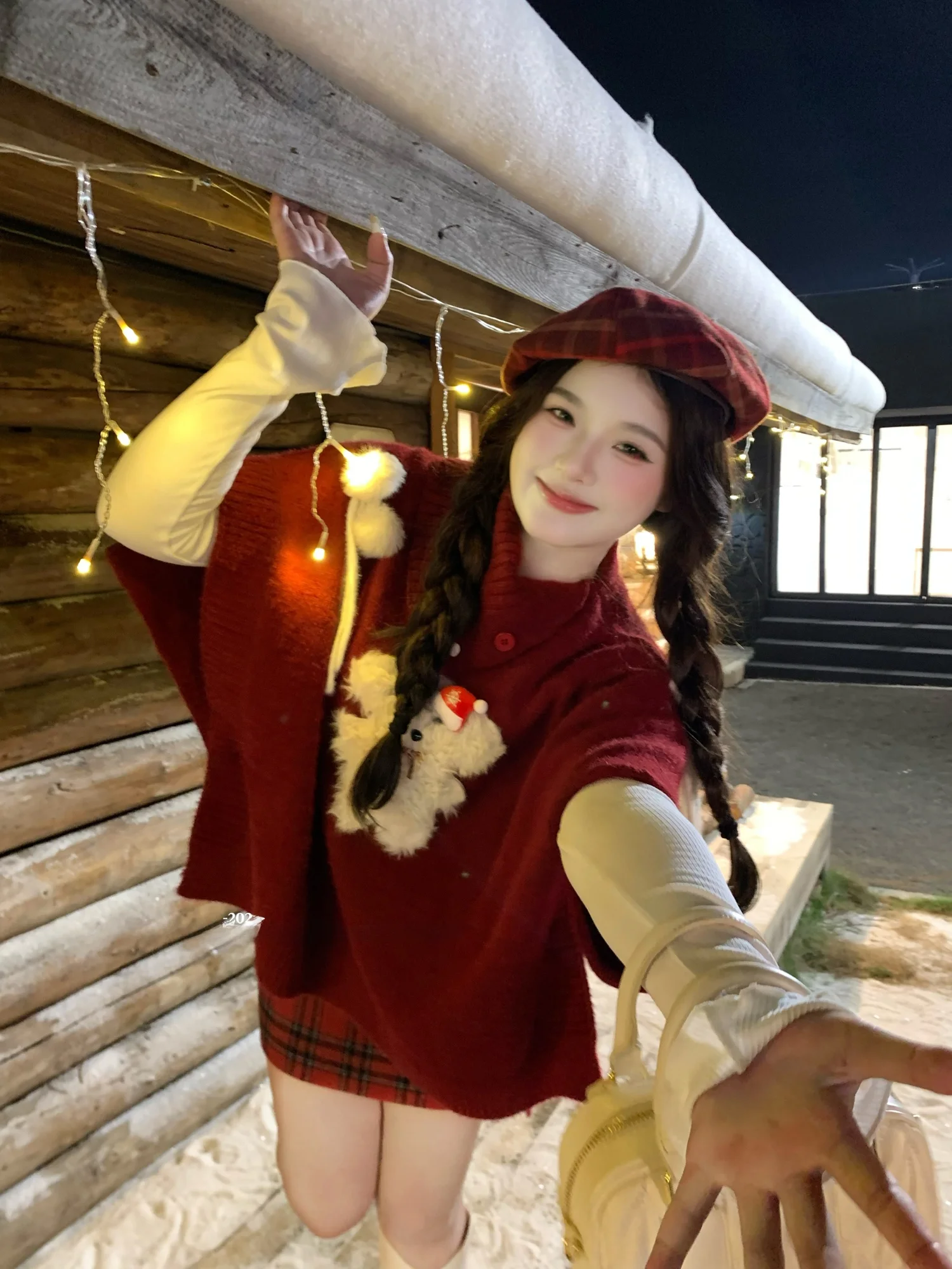 

Soft Knitted Base Shirt Plaid Skirt Coat Dog Plump Sweet Style Casual High Waist A-Line Skirt Long Sleeve round Neck Top