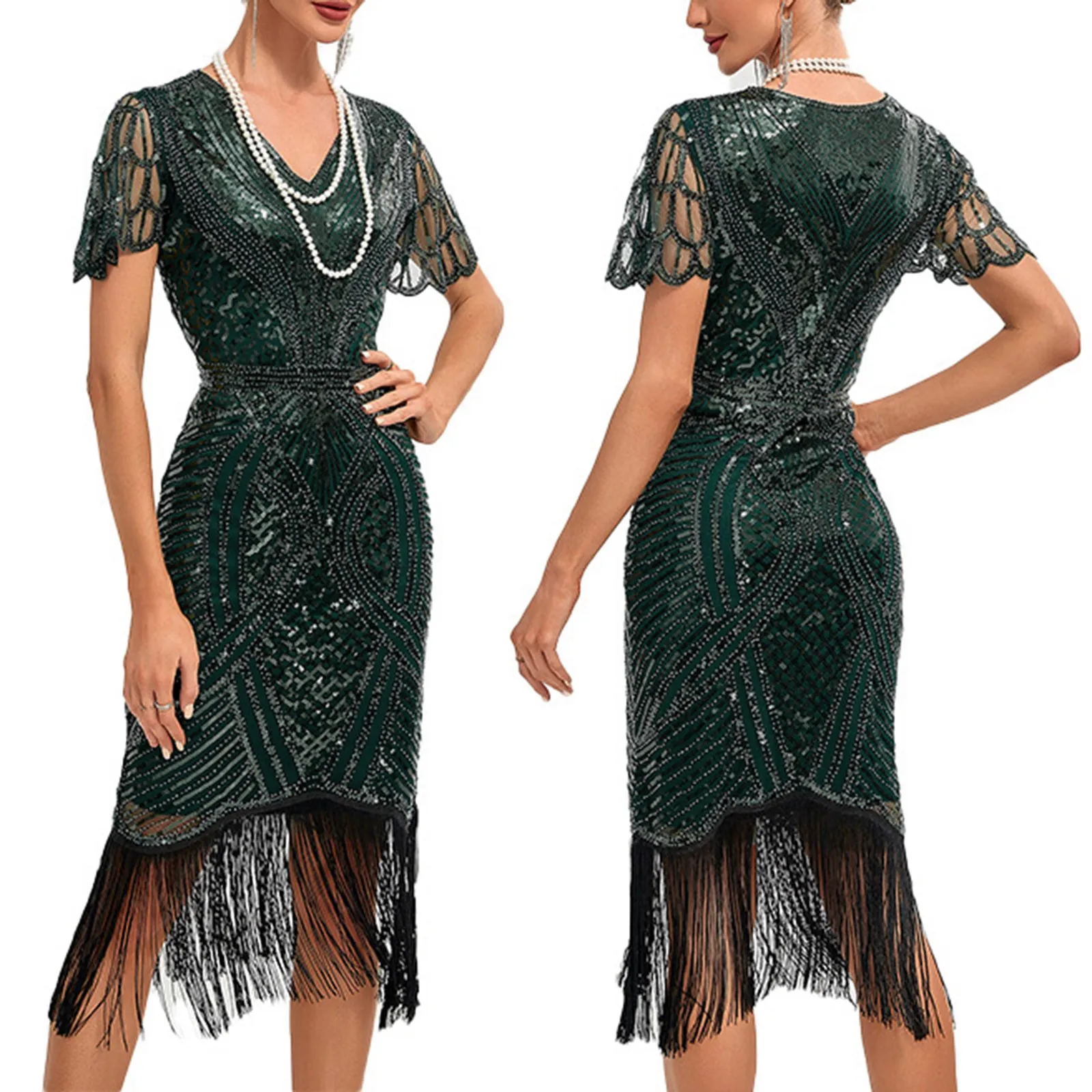 1920S Retro Ball Cocktail Party Dresses Embroidered Tassel Hem Dress For Female Large Glitter Nail Bead Mesh Sequined Dress