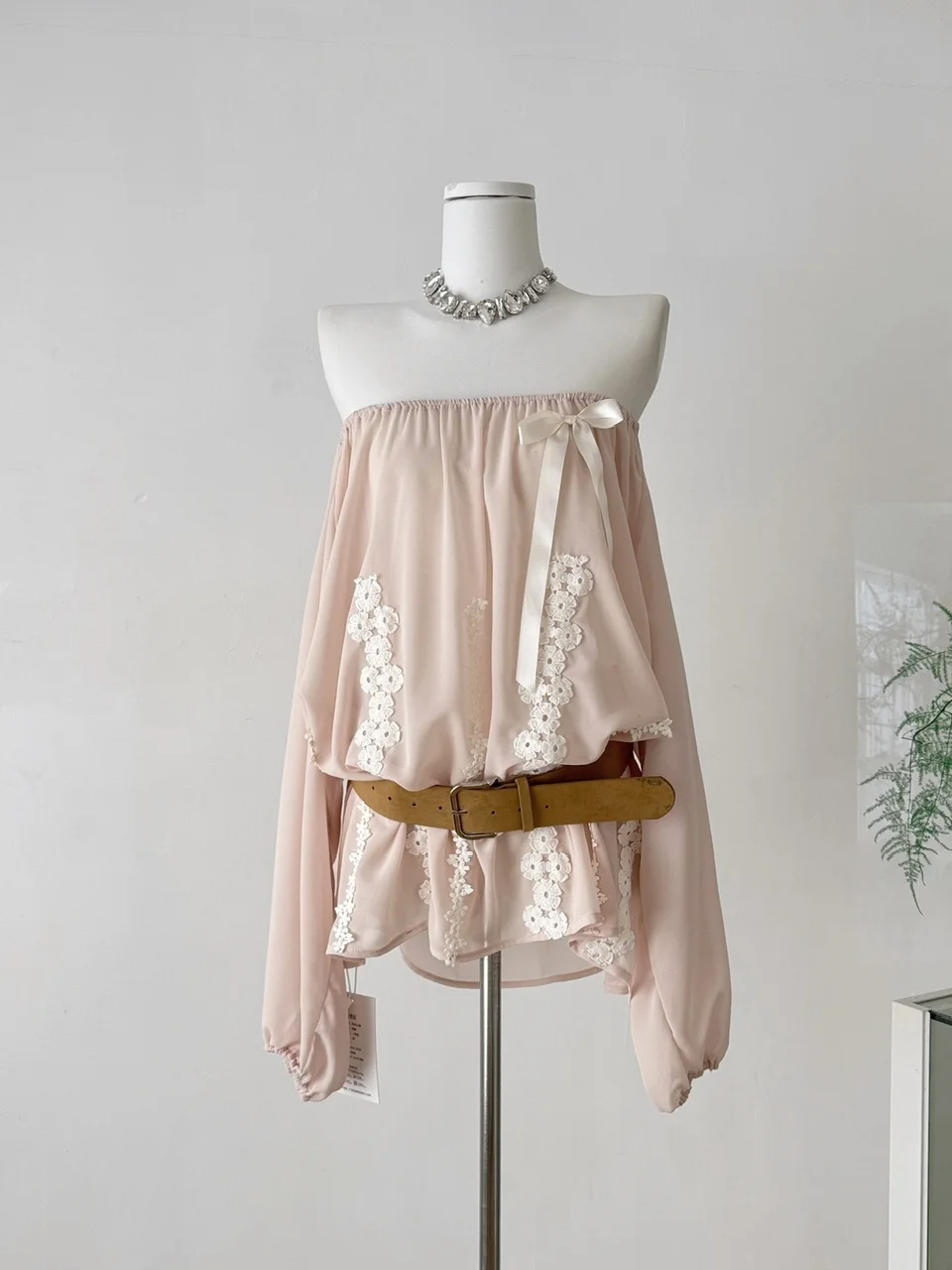 Heavy Embellied Lantern Sve Chiffon irt Loose Fit One oulder  Knot Design Korean Sle Commute Faion Wome...