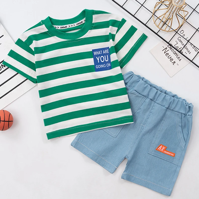 

2Piece Summer Baby Clothes Toddler Boy Outfits Casual Fashion Stripe Short Sleeve T-shirt+Denim Shorts Kids Clothing Set BC2355