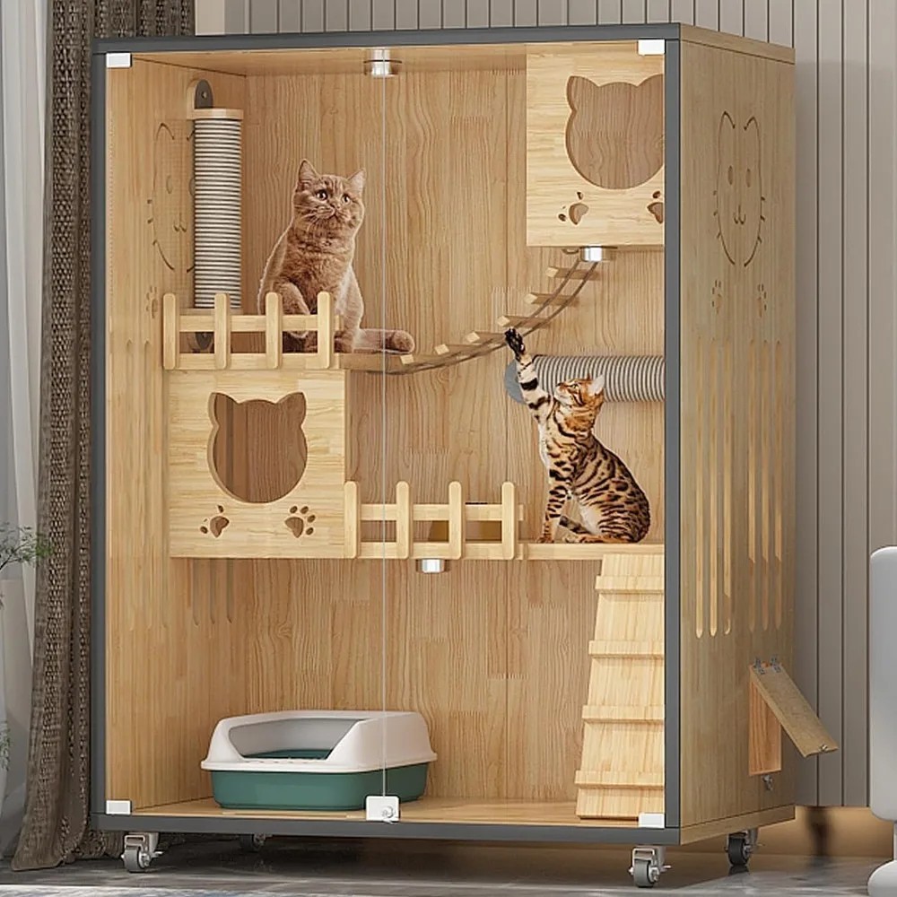 

Large Luxury Wood Cat House, Indoor/Outdoor Cat Cage Large Space with Wheels, Multi-Feature Enclosed Cat Condo