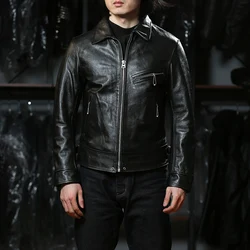 High-quality Simple Genuine Leather Jacket Horsehide Short Moto & Biker Slim Turn-down Collar Men's Casual Real Leather Coats