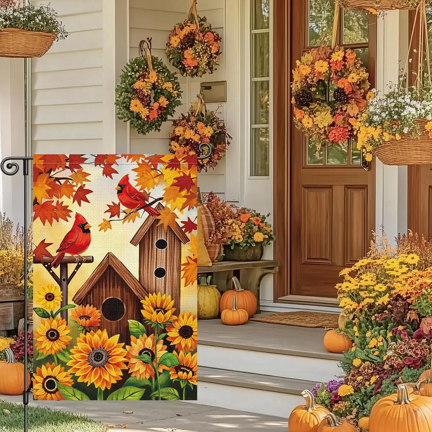 Fall Garden Flag Cardinal Sunflower Bird Burlap Thanksgiving Holiday Yard Outdoor Decor