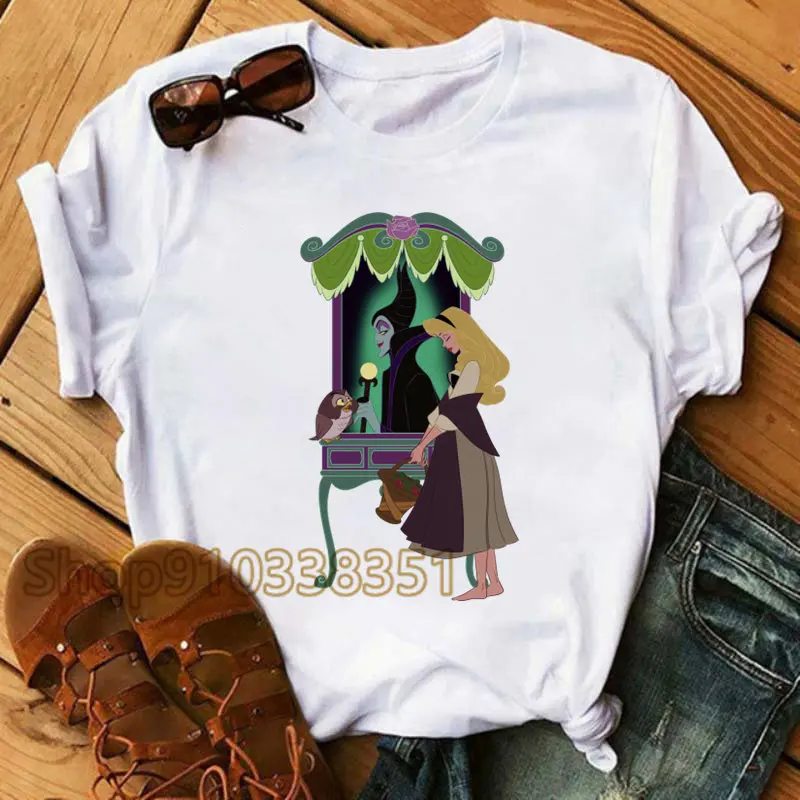 Vintage Cartoon Sleeping Beauty Graphic Print T Shirt Villains Maleficent Girls Short Sleeve Fashion Oversized T Shirt Women