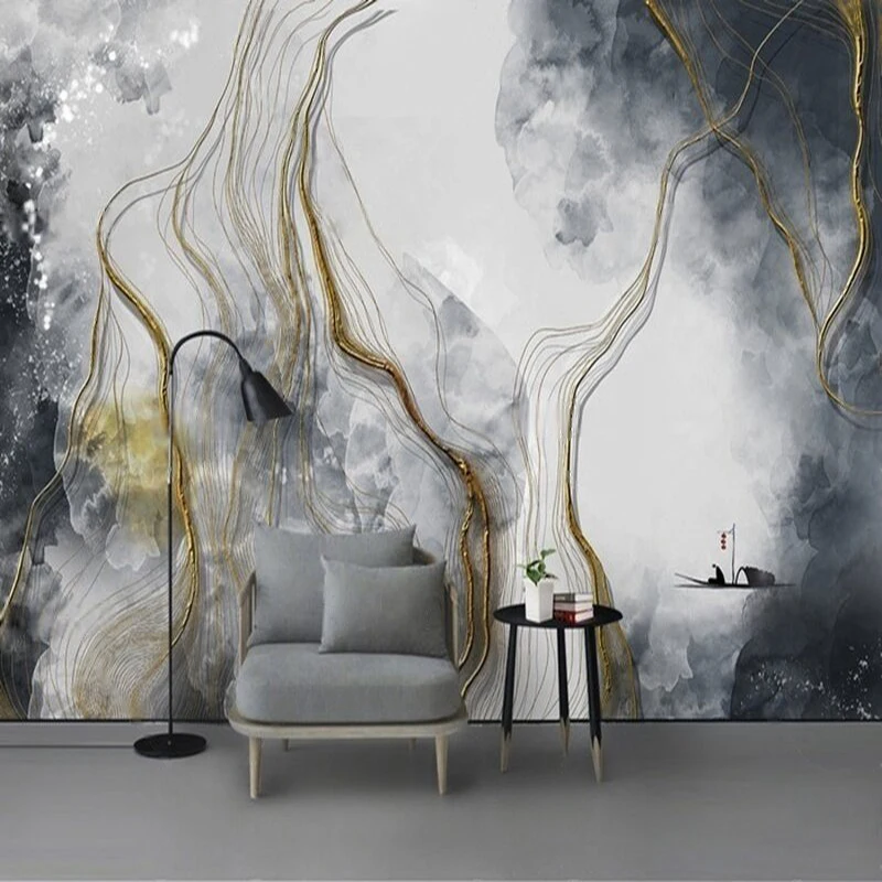 Modern Expressive Ink-Wash Abstract Landscape With The Reflection Of The Full Moon Flowing Lines Unique Patterns