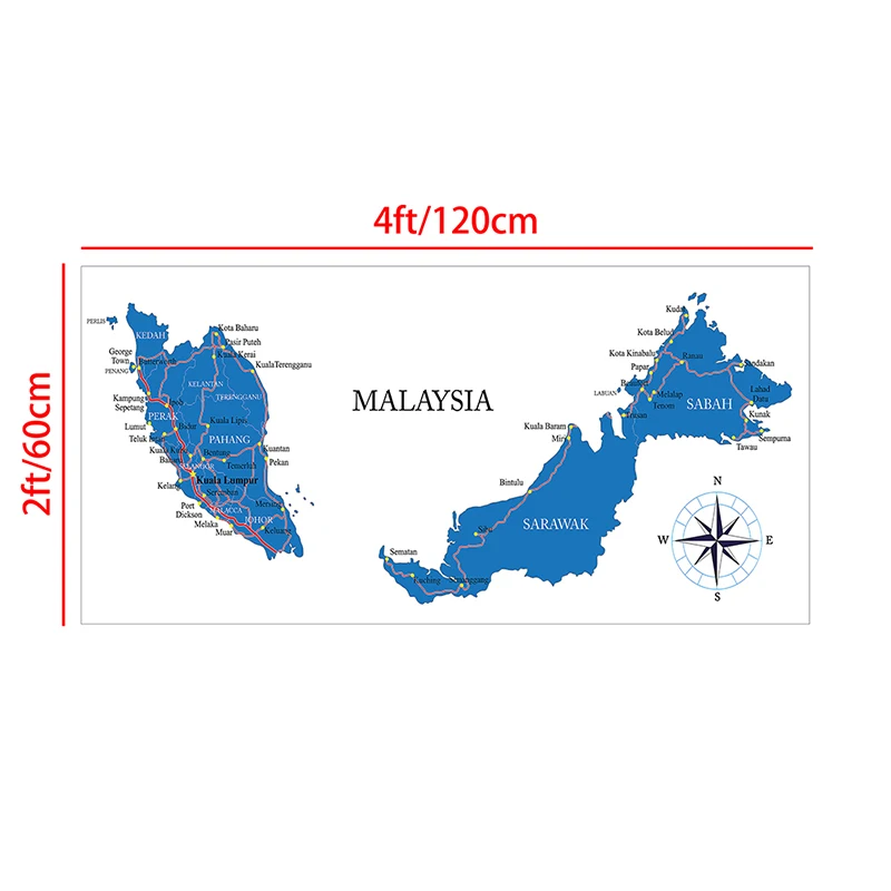 120 * 60 cm Mapa administracyjna Malezji w języku angielskim Plakat ścienny i drukowany obraz na płótnie bez ramki Pokój dzienny Wystrój domu