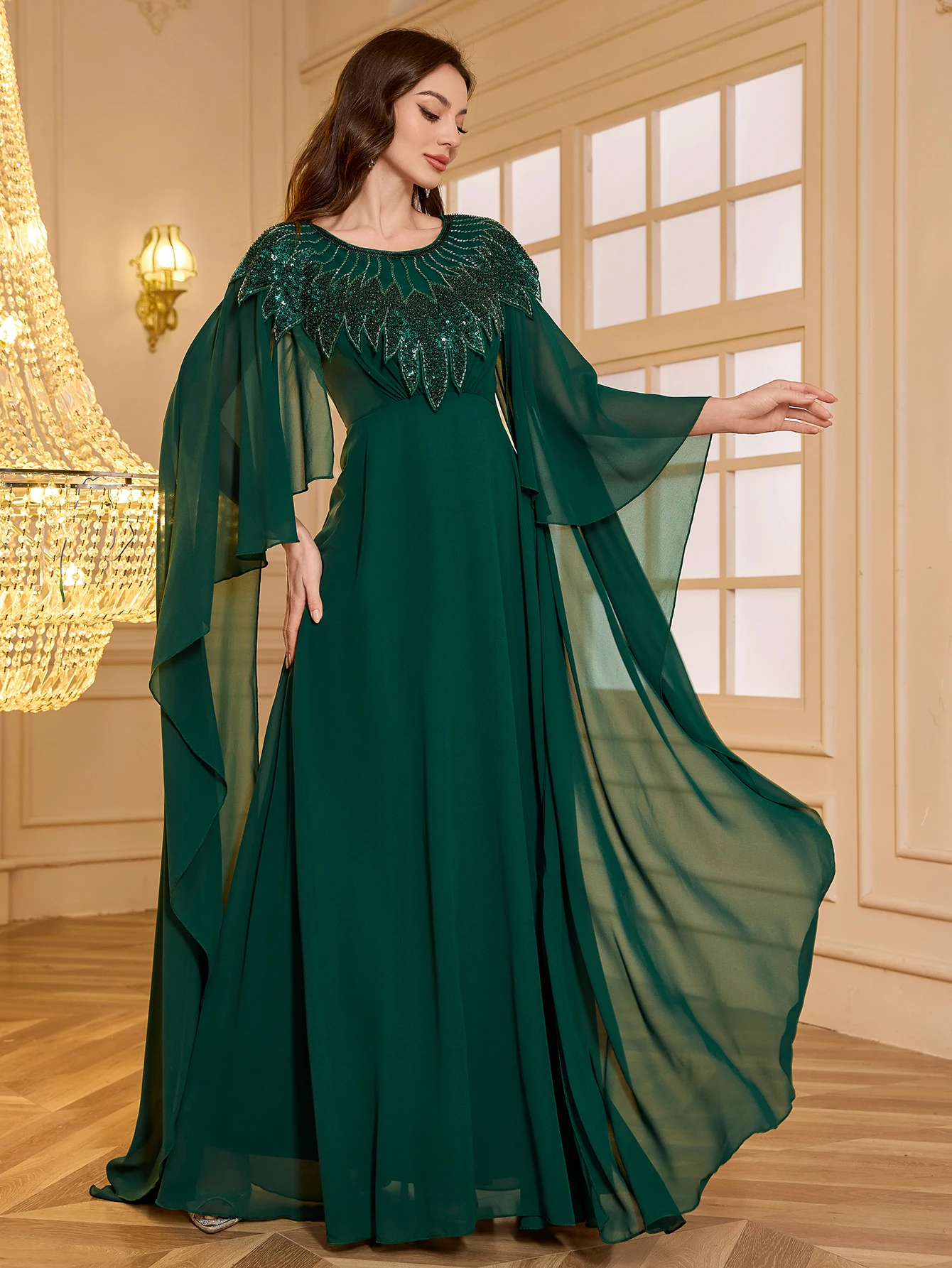 UNITHORSE فستان سهرة شيفون بأكمام طويلة مطرز بالخرز مقاس صغير للنساء، فستان أنيق للحفلات #5