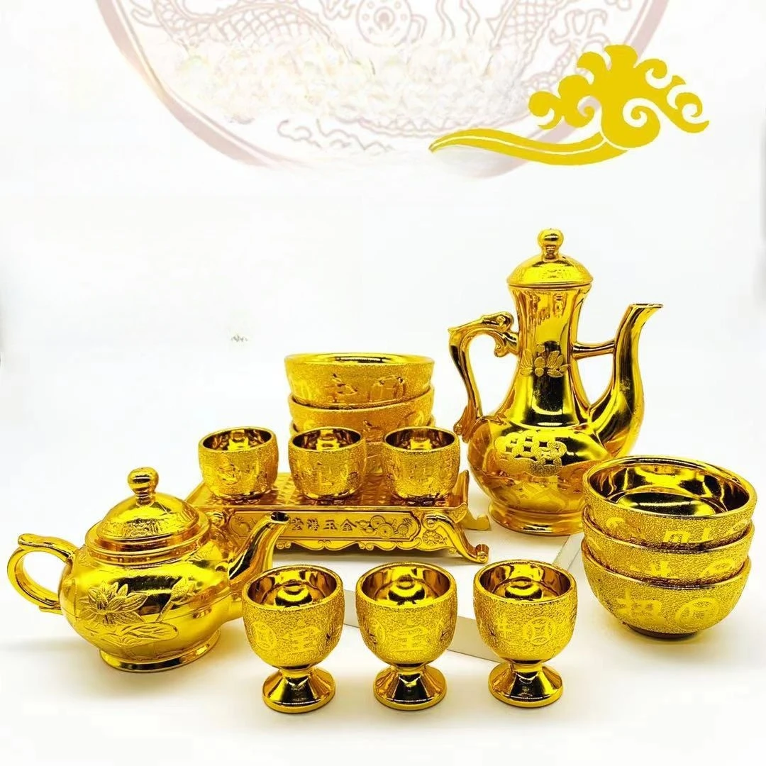 

Cz buddha plastic thickened golden lotus teapot offering cup offering bowl offering plate suit worship chopsticks