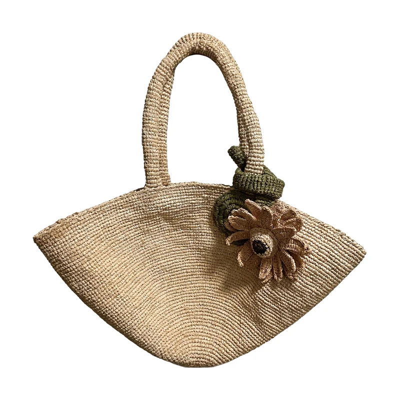 Raffia Straw Woven Tote Bag Large Capacity Beach Shopper Vacation Handbag Floral Flower Decor Retro Boho Vintage Shoulder Bag