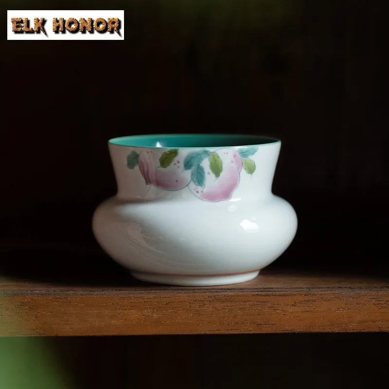 380ml Turquoise Green Jian Shui Hand-painted Longevity Peach Tea Washing Ceramic Round Mouth Cha Xi Tea Cup Wash Ornaments