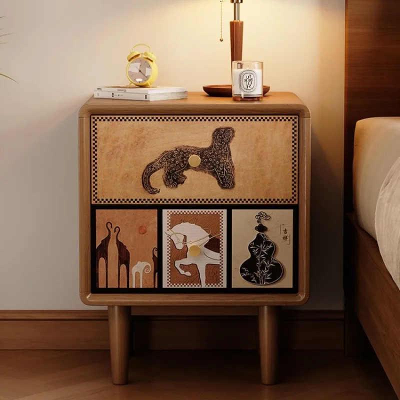 Meja samping tempat tidur kayu solid bergaya abad pertengahan, desain niche untuk kamar tidur rumah tangga, lemari penyimpanan, loker kayu walnut populer tahun 2025