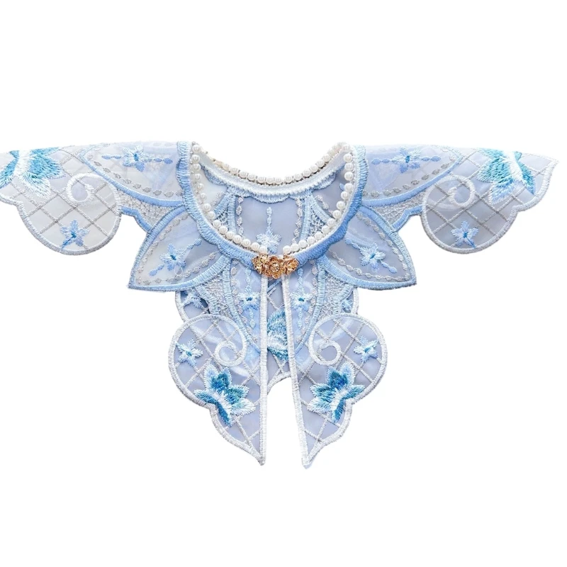 Children Kids Girl Chinese Embroidery Floral Shawl Wrap Pearl Beading Neckline Fake Collar Hanfu Costume Accessory