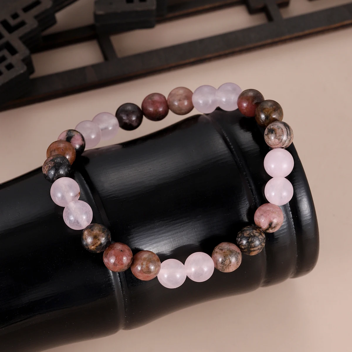 Fashion Natural Black Line Rhodonite Stone Bracelet Handmade Yoga Healing Wristband Jewelry for Women Men Simple Jewelry Gift