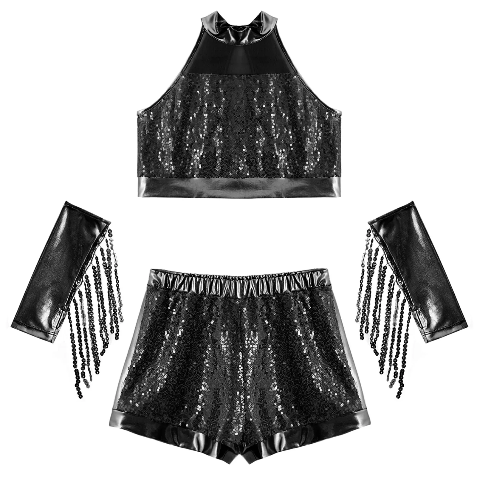 Costumi da ballo jazz lucidi per ragazze per bambini Set di abbigliamento da ballo per cheerleader Abiti da cheerleader metallizzati per bambini Abiti hip-hop per adolescenti