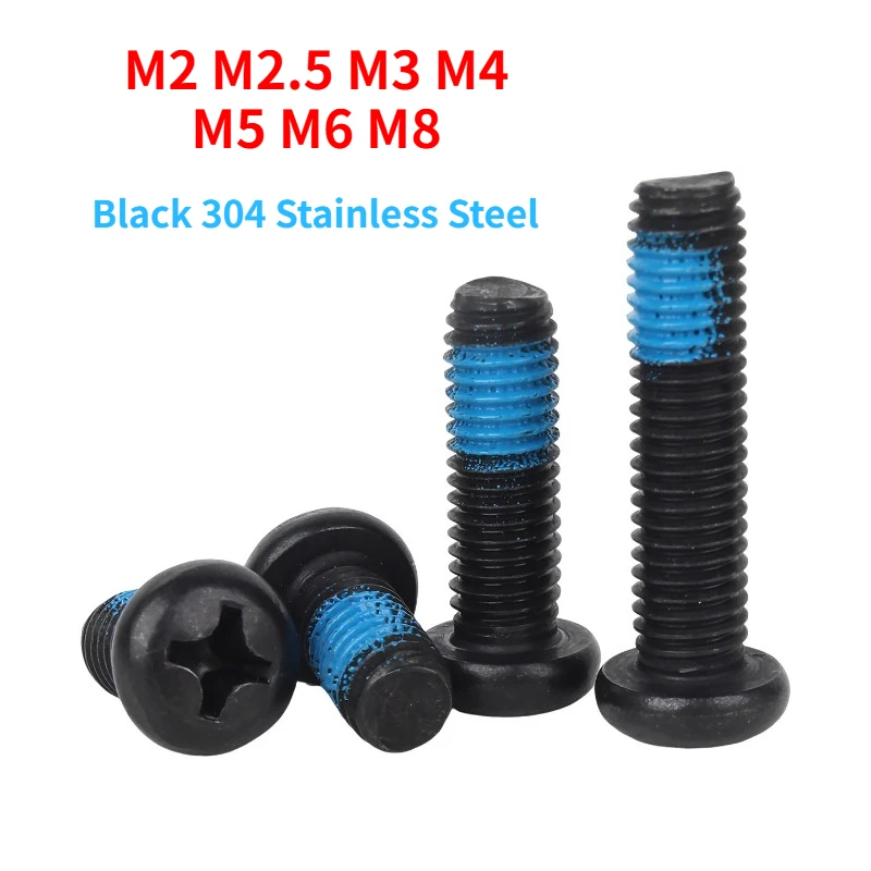 M2 M2.5 M3 M4 M5 M6 M8 Black 304 Stainless Steel Cross Round Head Screw Blue Glue Bolt Phillips Anti Loosening Screws