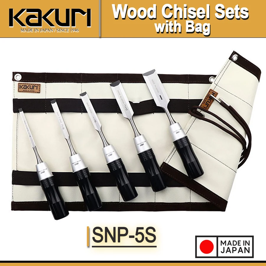 Japan KAKURI 5 Pieces Multifunctional Wood Chisel Sets with Storage Bag for Woodworking Tempered to 60HRC NO.SNP-5S