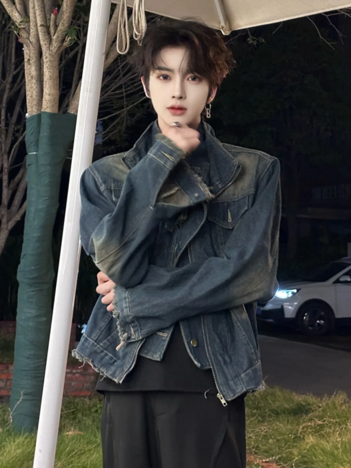 

Waed Vintage American Sle Men's Denim Jaet Trendy Youth Design Loose Fit Long Sve Button Decorated Outerwear