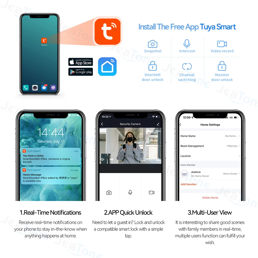 JeaTone WIFI Tuya APP 7 inch Video intercom to apartment Private residential walkie talkie Video call Wired Doorbell Camera