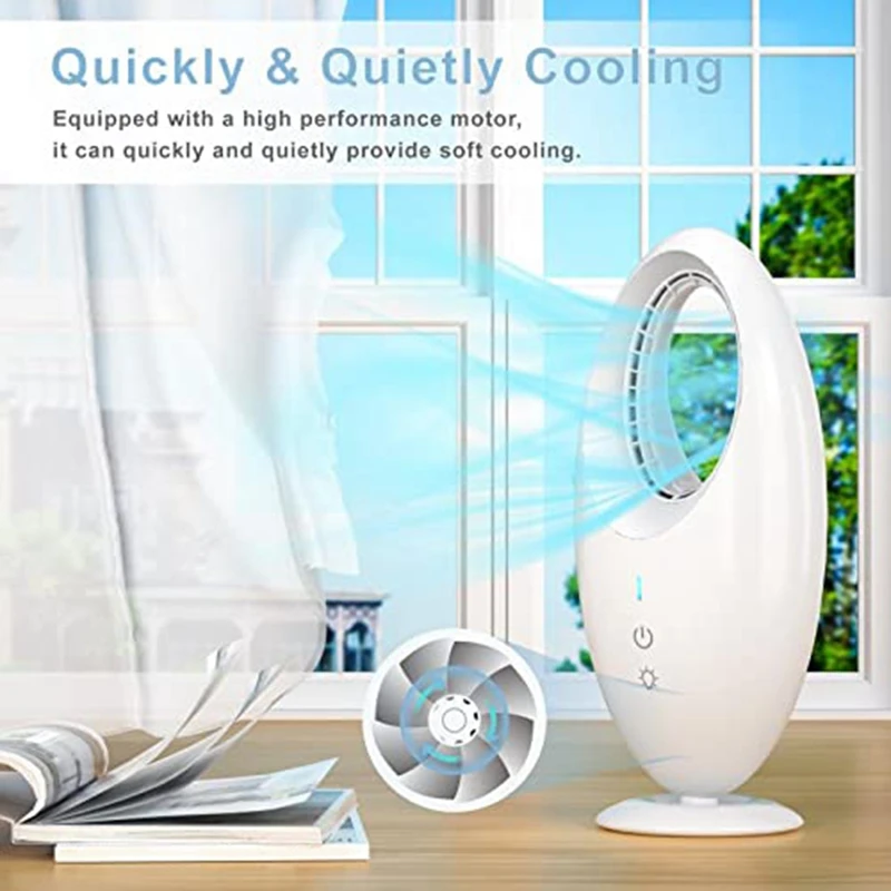 1Set Bladeless Fan Small Table Fan With Gradient LED Light 4000Mah Quiet Portable Personal Fan White With Touch Control