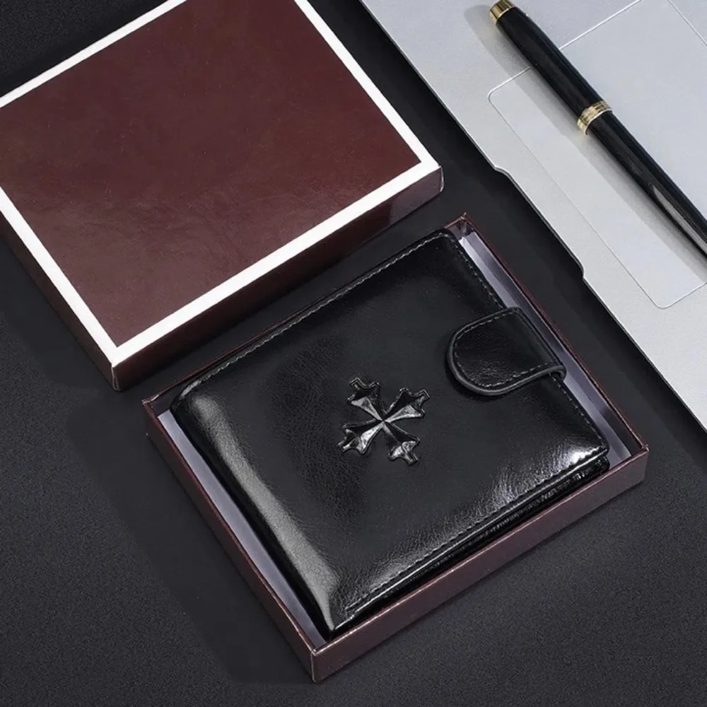 크로스 3 접는 지갑 도시 레크리에이션 스타일 PU 가죽 도난 방지 현금 가방 ID 배지 홀더 솔리드 컬러 남성용 짧은 지갑